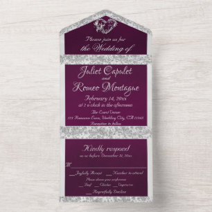 Romantic Heart, Ribbon & Glitter on Plum All In One Invitation