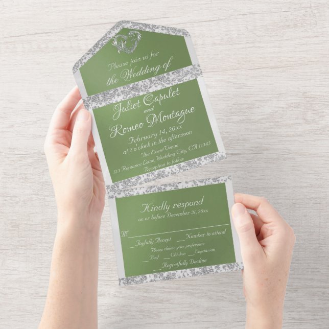 Romantic Heart, Ribbon & Glitter on Sage Green All In One Invitation (Tearaway)