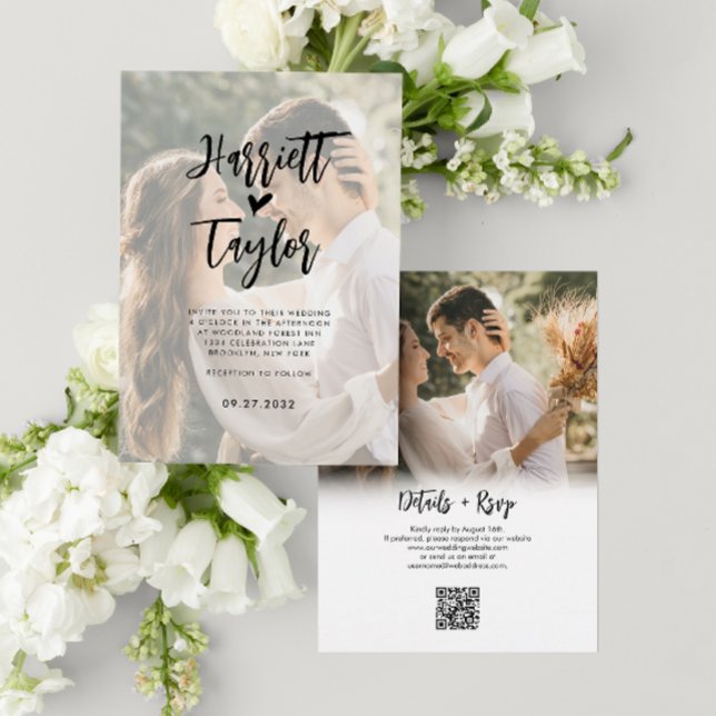 Romantic Heart Script 2 Photo QR Code Wedding Invitation (Creator Uploaded)