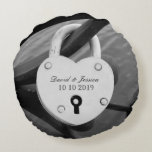 Romantic heart shape love lock photo throw pillow<br><div class="desc">Romantic heart shape love lock photo throw pillow for newly weds. Romance design with name of bride and groom or husband and wife couple. Cute wedding or anniversary day gift idea for newlyweds. Custom message on the back side like Together forever. Black and white photography of lock on bridge.</div>