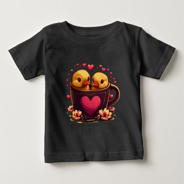 Romantic Heart-Shaped Duck Couple, Valentine's Day Baby T-Shirt (Front)