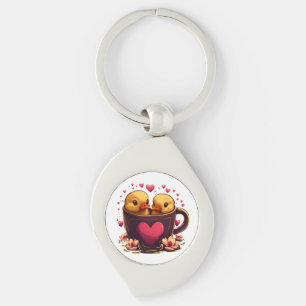 Romantic Heart-Shaped Duck Couple, Valentine's Day Key Ring