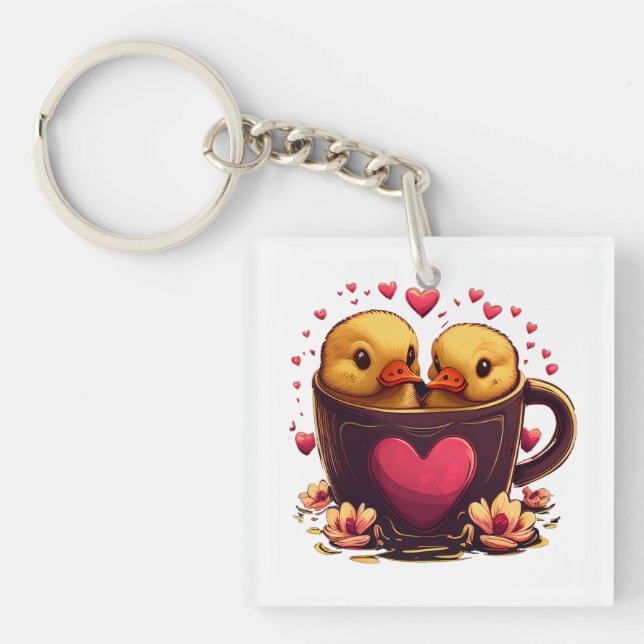 Romantic Heart-Shaped Duck Couple, Valentine's Day Key Ring (Front)