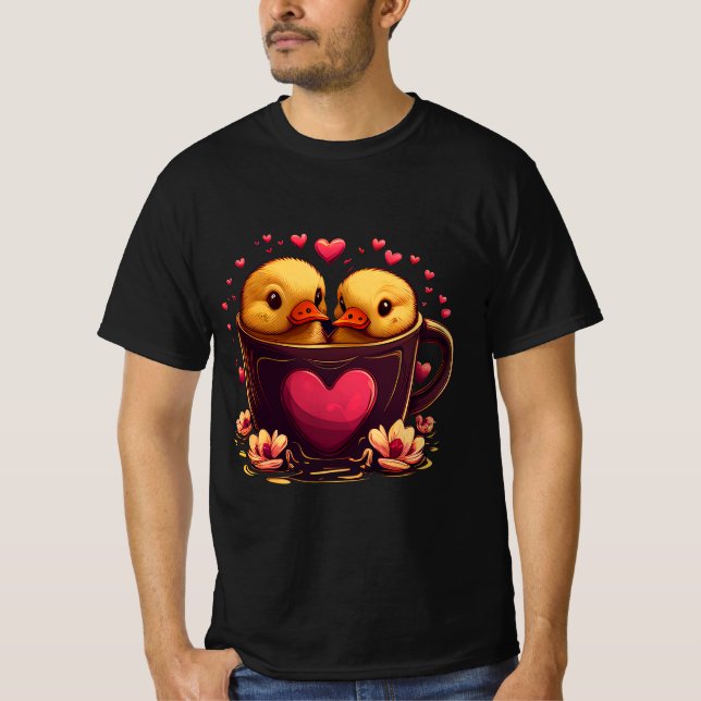 Romantic Heart-Shaped Duck Couple, Valentine's Day T-Shirt (Front)