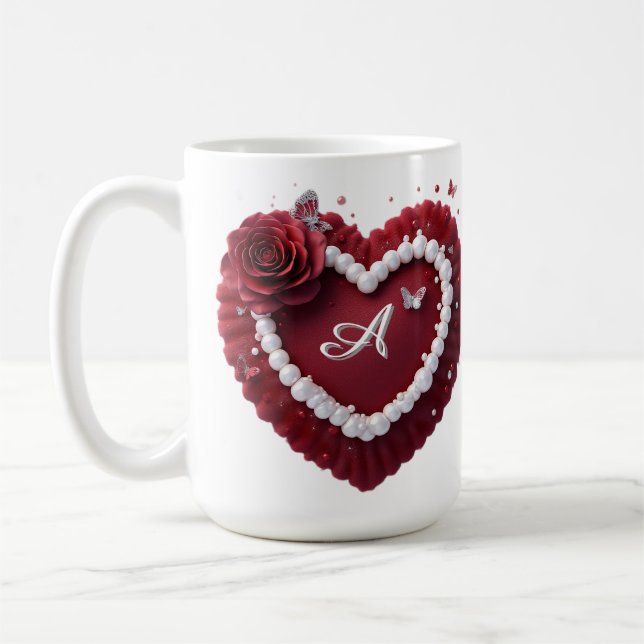 Romantic Heart With Pearl Border Coffee Mug (Left)