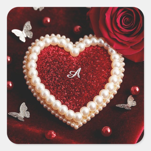 Romantic Heart With Pearl Border Square Sticker (Front)