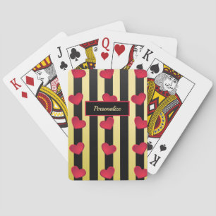 Romantic Hearts Black & Gold Stripes Personalise Playing Cards