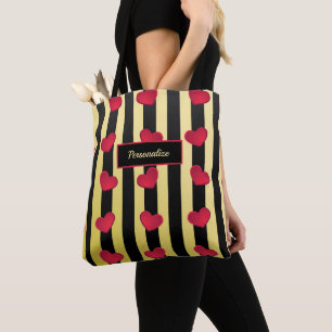 Romantic Hearts Black & Gold Stripes Personalise Tote Bag