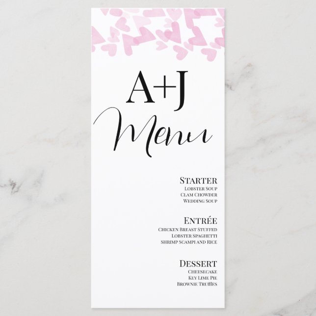Romantic Hearts Floating Script Pink Menu (Front)