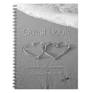 Romantic hearts in sand beach wedding guest book
