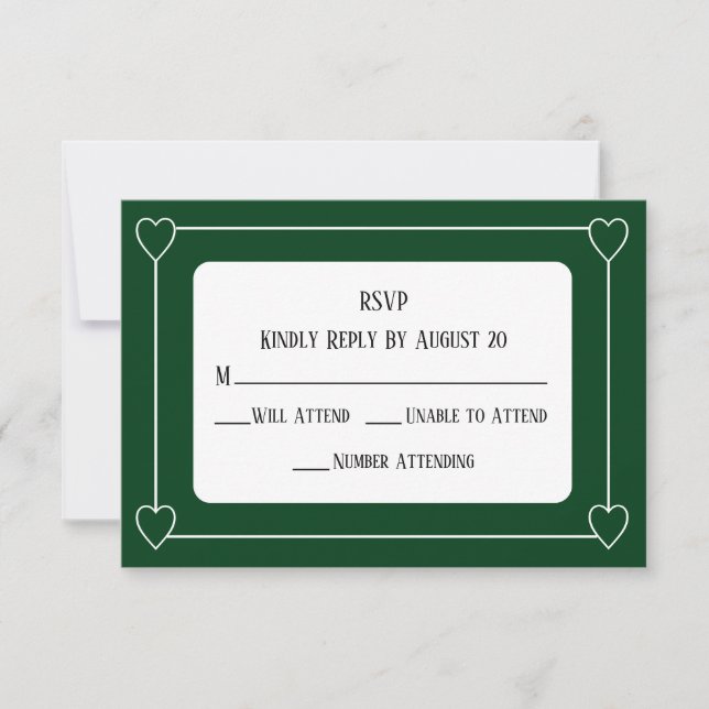 Romantic Hearts Modern Dark Green Simple Wedding RSVP Card (Front)