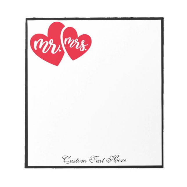 Romantic Hearts Mr Mrs Red Black Personalised Notepad (Front)