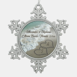Romantic Hearts on the Beach Christmas Ornament. Snowflake Pewter Christmas Ornament