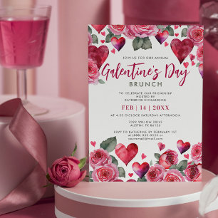 Romantic Hearts & Roses Galentine's Day Brunch Invitation
