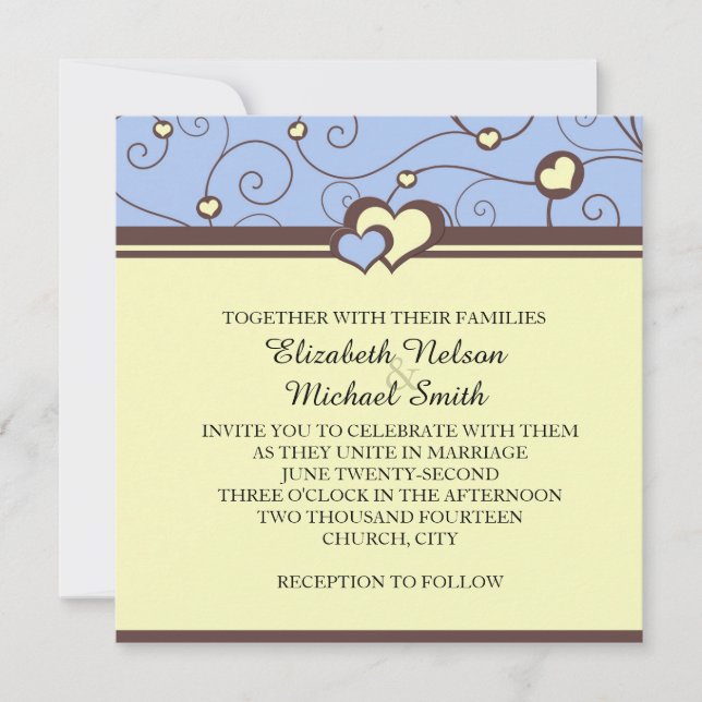 Romantic Hearts Swirls Blue Wedding Invite (Front)