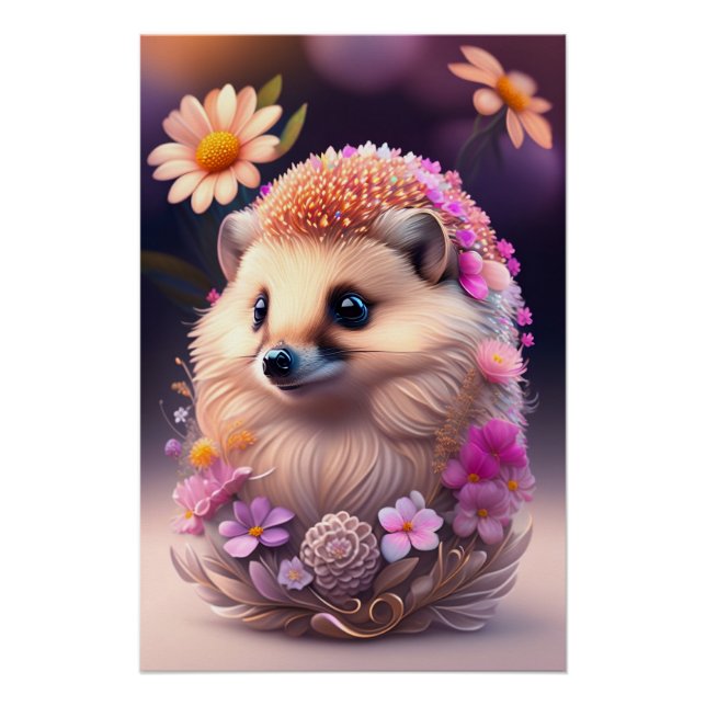 Romantic Hedgehog with Flowers Poster (Front)