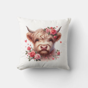 Romantic Highland Cow with Roses and Hearts – Whim Cushion