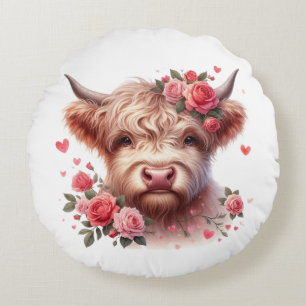 Romantic Highland Cow with Roses and Hearts – Whim Round Cushion