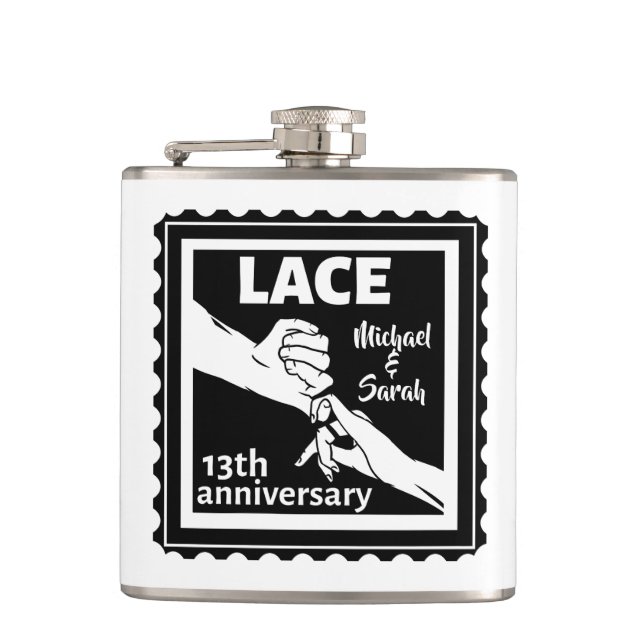 Romantic holding hands 13th wedding anniversary hip flask (Front)