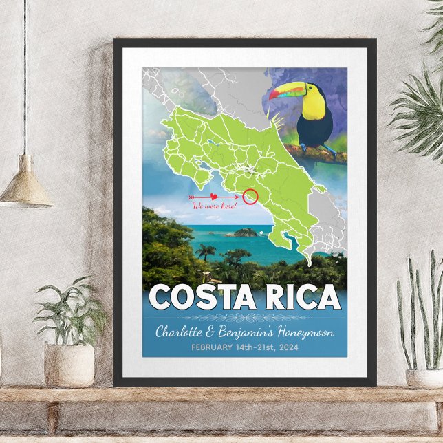 Romantic Honeymoon Costa Rica Map Poster (Romantic Honeymoon Vacation To Costa Rica Map Poster - Sketch Mockup)