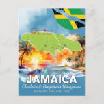 Romantic Honeymoon Vacation Jamaica Island Map Postcard<br><div class="desc">Enjoy a little reminder of your romantic honeymoon vacation on the Caribbean island of Jamaica, with this customisable postcard, featuring the island map, with tropical beach scenes and sunsets, and an ocean watercolor background. Customise with your own names and your honeymoon dates. You can also Edit using the Design Tool,...</div>