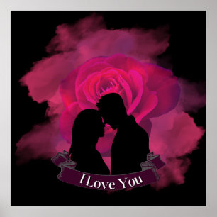 Romantic I Love You Couple silhouette Pink Rose Poster