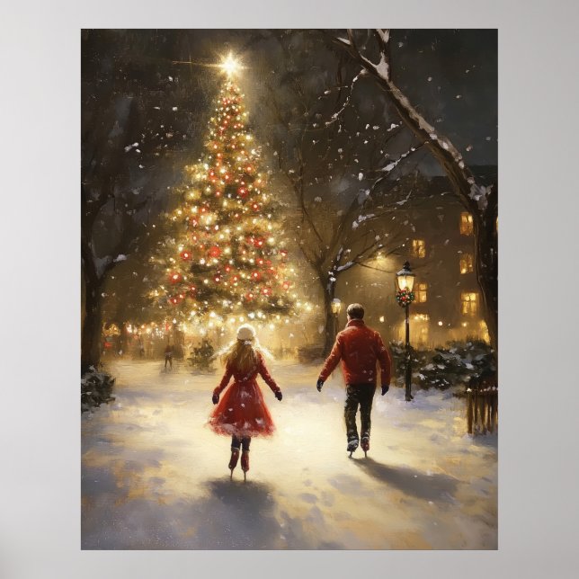 Romantic Ice Skating Couple Christmas Wall Art (Front)