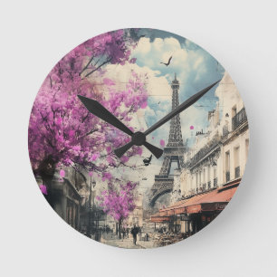 Romantic image of PAris with the Eiffel tower Round Clock