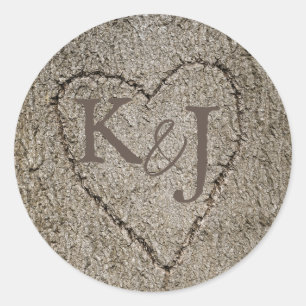 Romantic Initials Carved into Tree Heart Classic Round Sticker