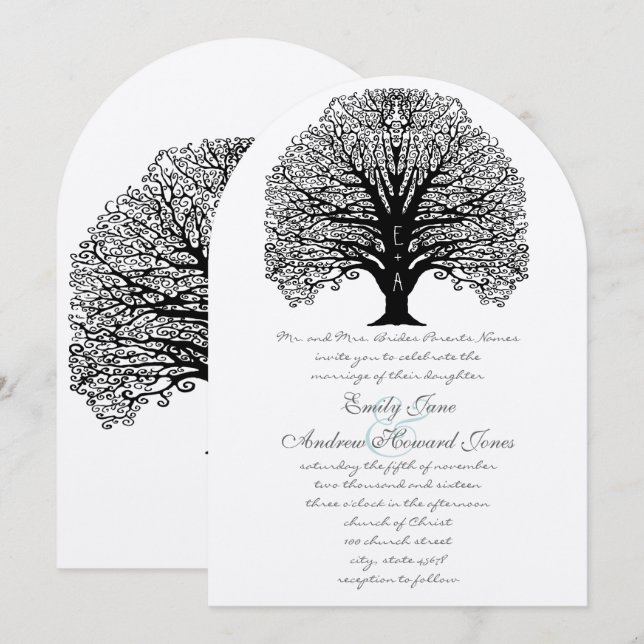 Romantic Initials In Trunk Swirl Tree Wedding Invitation (Front/Back)