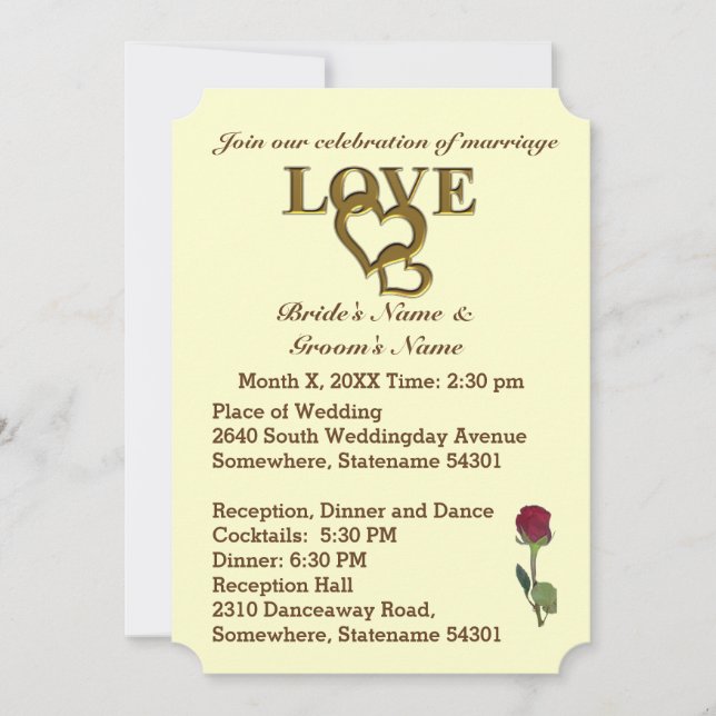 Romantic Interlocking Hearts & Red Rose Invitation (Front)