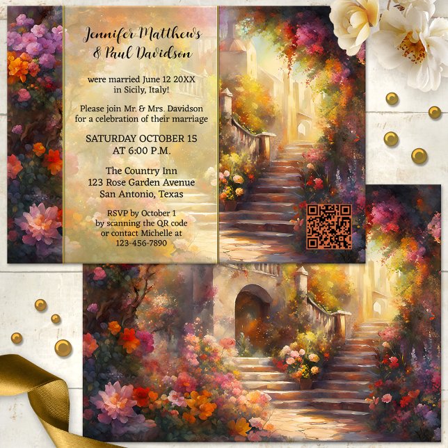 Romantic Italian Elope or Post Wedding Party Invitation (Romantic post or after wedding invitation featuring an Italy inspired painting with lots of flowers)
