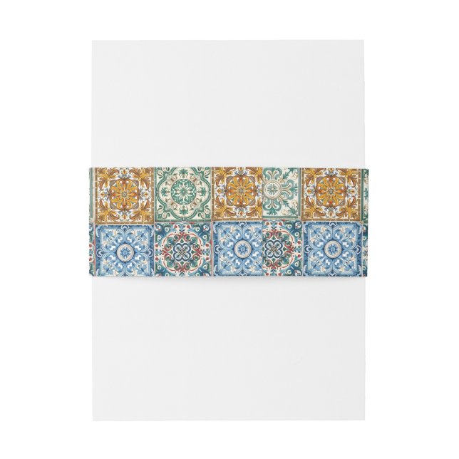 Romantic italian Tiles Destination Wedding Rsvp Invitation Belly Band (Back Example)