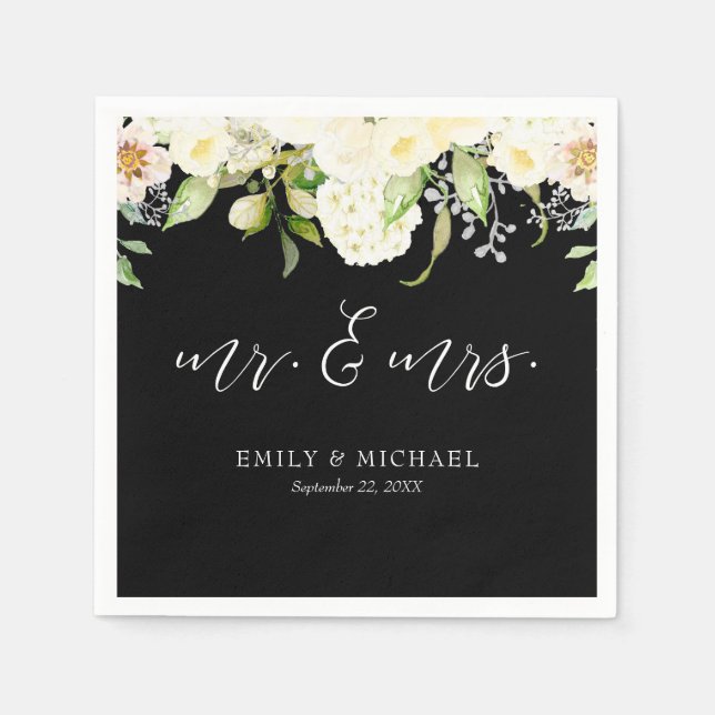 Romantic Ivory Cream Floral Black Wedding Napkin (Front)