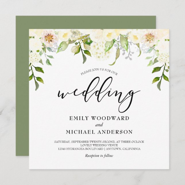 Romantic Ivory Cream Floral Square Wedding Invitation (Front/Back)