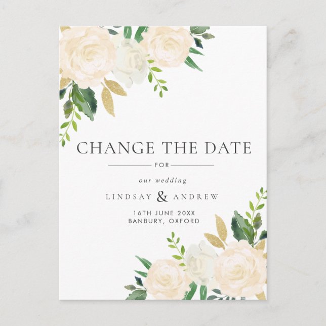 Romantic Ivory Roses Wedding Change the Date Announcement Postcard (Front)