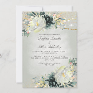 Romantic Ivory Teal Watercolor Floral Sage Green  Invitation