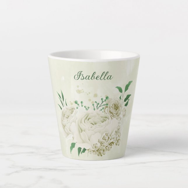 Romantic ivory white flowers greenery latte mug (Front)
