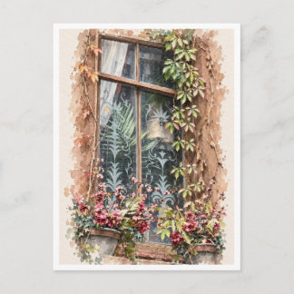 Romantic Ivy Window Watercolor Postcard