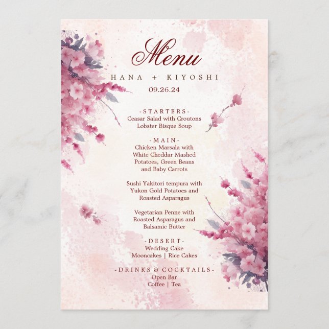Romantic Japan Pink Cherry Blossom  Wedding Menu (Front)