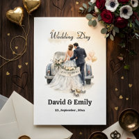 Romantic Just Married Couple & Vintage Car