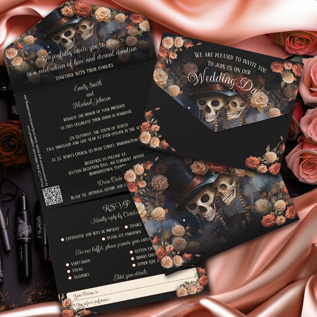 Romantic Kissing Skeletons Gothic Wedding All In One Invitation (Creator Uploaded)