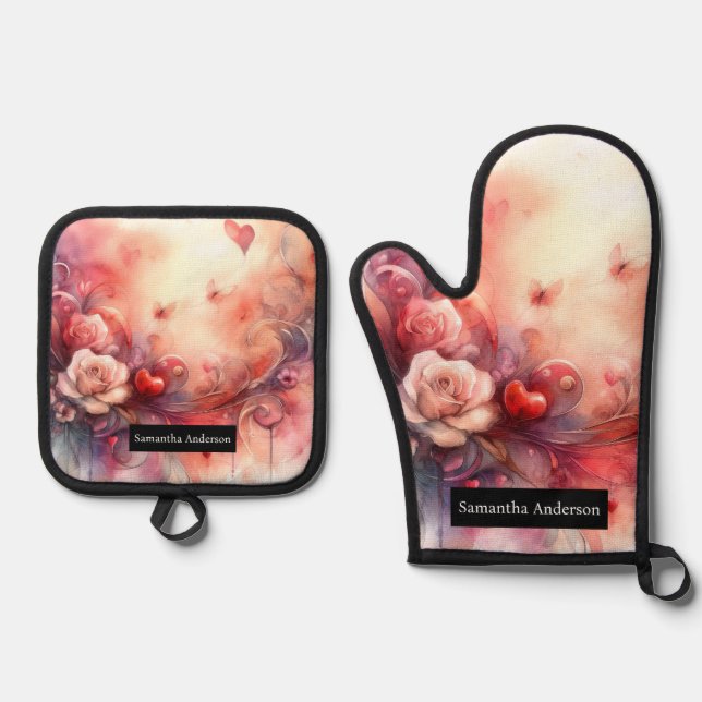 Romantic Kitchen: Abstract Hearts  Oven Mitt & Pot Holder Set (Front)