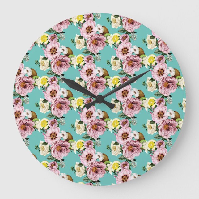 Romantic kiwi, lemon and peony pattern large clock (Front)