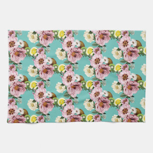 Romantic kiwi, lemon and peony pattern tea towel