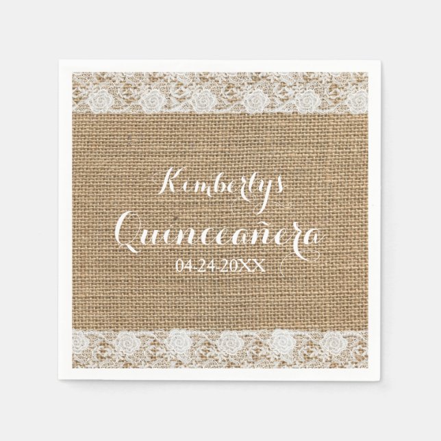 Romantic Lace and burlap Quinceañera Paper Napkins (Front)