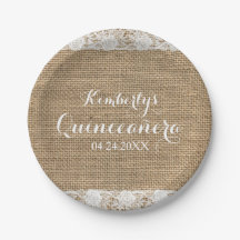 Romantic Lace and burlap Quinceañera Paper Plates