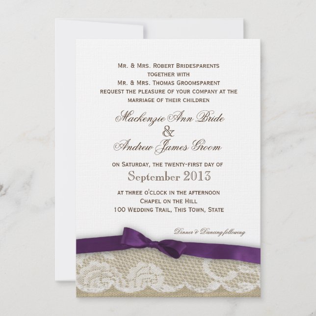Romantic Lace and Dark Purple Bow Wedding Invitation (Front)