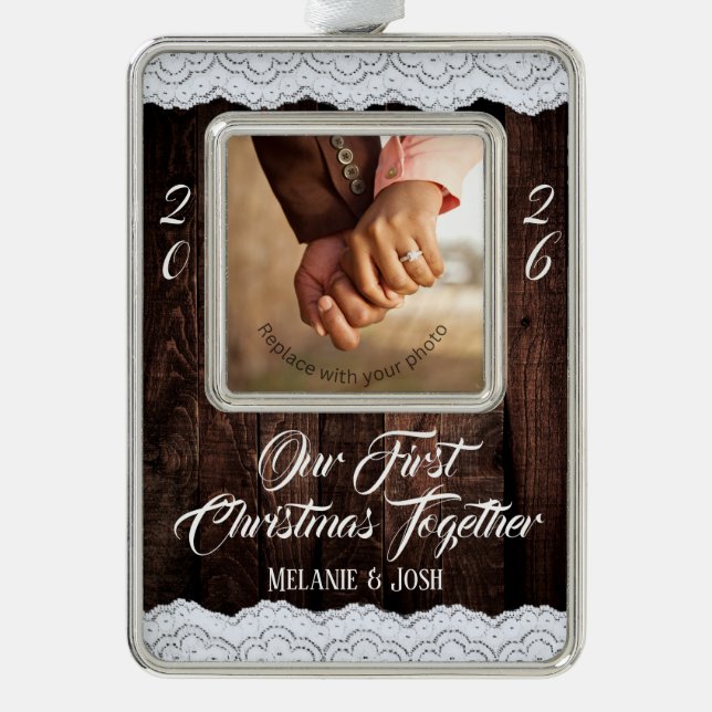 Romantic Lace and Rustic Wood Country Chic Silver Plated Framed Ornament (Front)