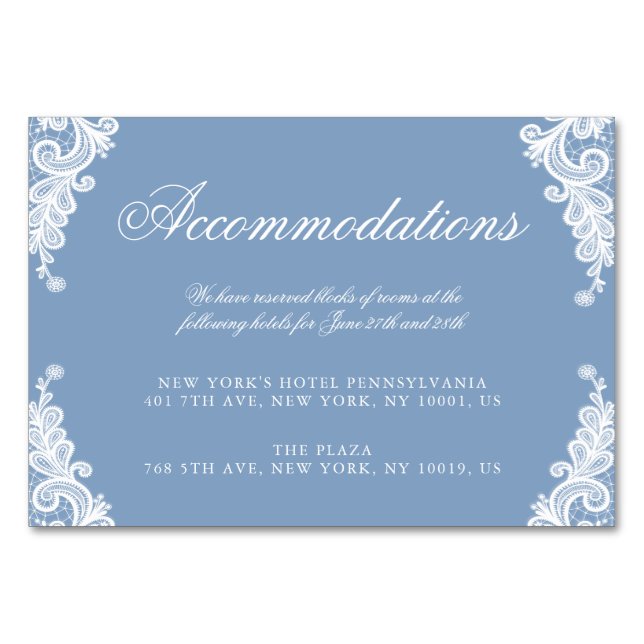 Romantic Lace Blue Wedding Accommodation Cards (Front)